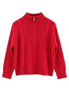 Calligraphie Red Cable Knit Mock Neck Sweater XL Polyester Blend